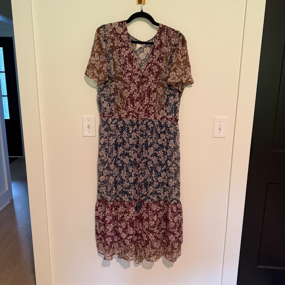 One September Anthropologie Desert Floral Midi Dress XL Burgundy Navy Boho - Picture 2 of 5